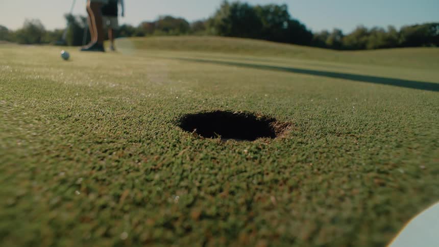 Golf ball rolls toward the hole on the green with a player blurred in the background