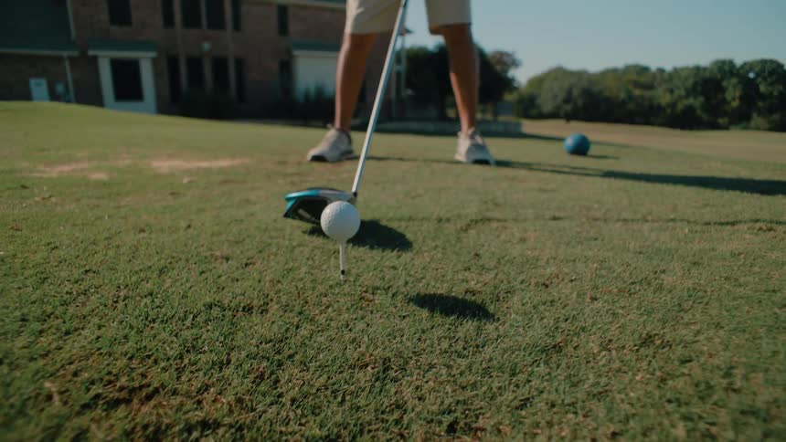 Golfer performs a tee shot with the ball set on the tee on a course with a building in the background