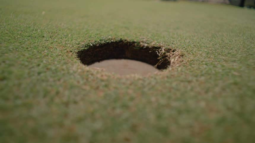 A golf ball sits at the bottom of a hole on a green viewed from a low closeup angle a persons hand reaches into the frame and down into the hole to retrieve the ball