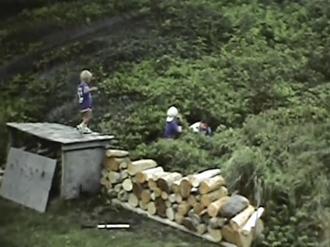 In grainy home video footage a father playfully tumbles into dense bushes after finding a baseball prompting his young son to bravely leap in after him