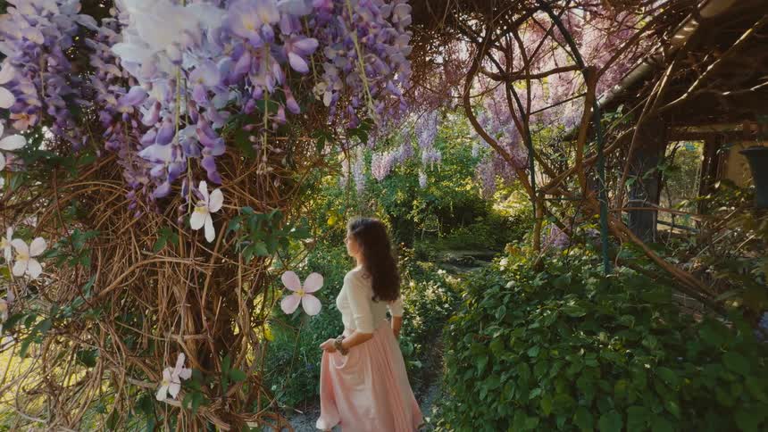 Woman walks through a wooded garden beneath flowering vines in a natural setting