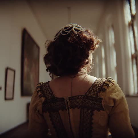 Person seen from behind in a historic corridor using a fan and wearing period clothing