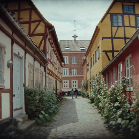 A couple walks down a narrow cobblestone alley lined with colorful historic halftimbered houses lush green bushes and white flowers frame the walkway leading the eye toward a larger brick building at the end of the path