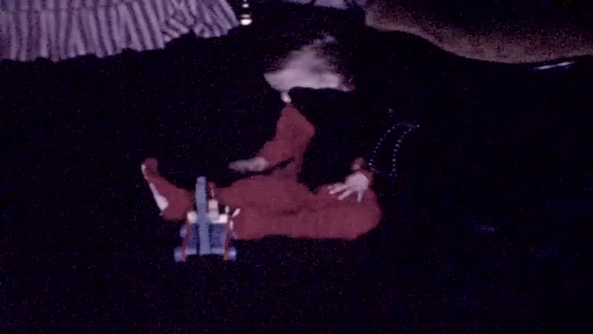 Dog interacts with a child as the toddler scoots away from a toy car and a woman sits nearby