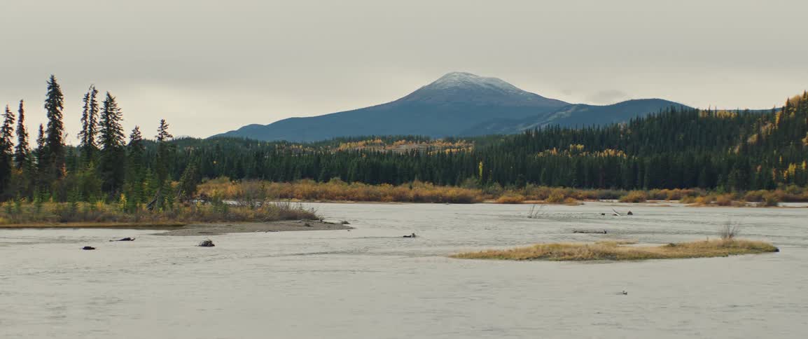 A wide river flows calmly through a vast wilderness with a large peak in the distance