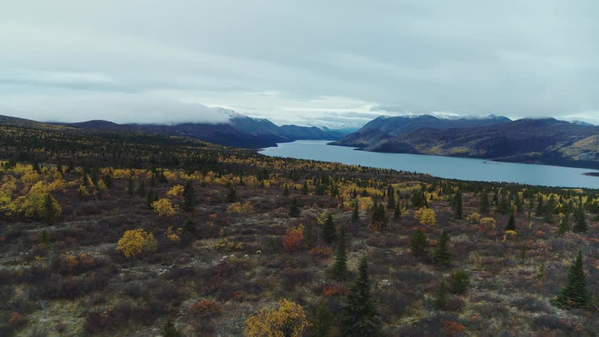 Tundra leads towards vast lake with distant mountains at dawn