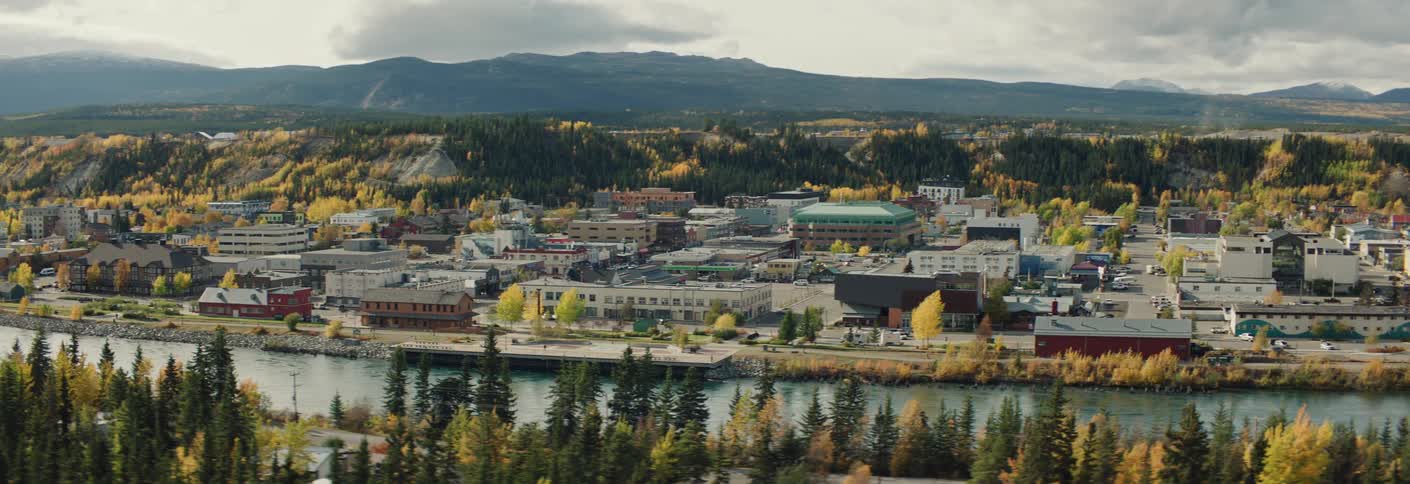 A panning perspective of downtown Whitehorse Yukon in autumn