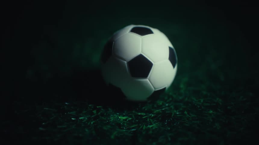 Black and white toy balls positioned on dark grass
