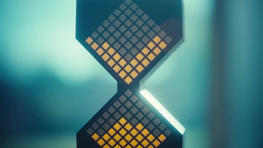 A view of a digital hourglass with pixel screens
