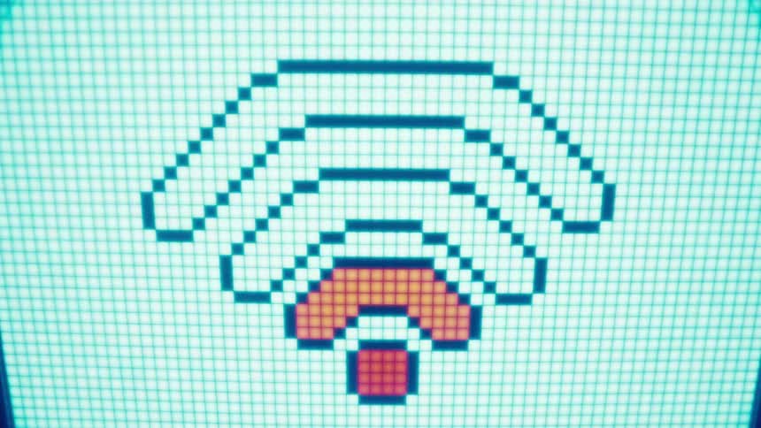 Pixelated wifi signal icon with colored bars on blue background