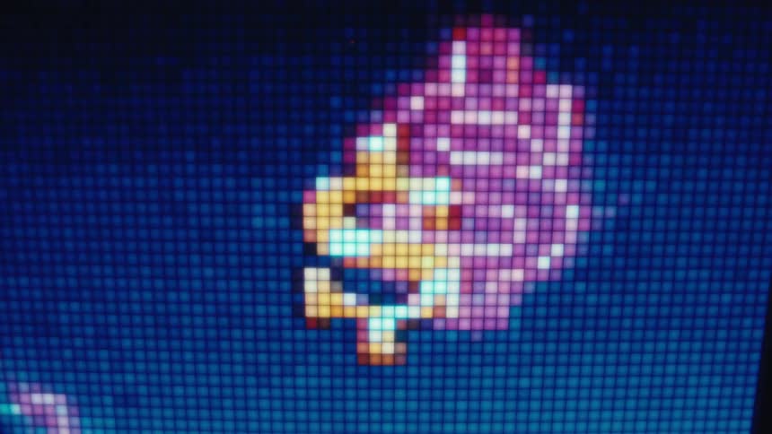 Dollar sign symbol displayed on a pixelated digital screen with colorful charts in the background
