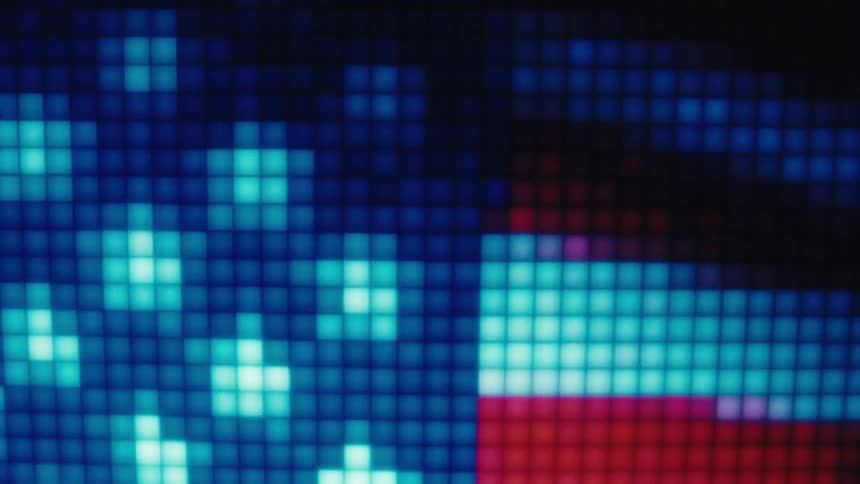 Pixelated united states flag with stars and stripes on dark blue background