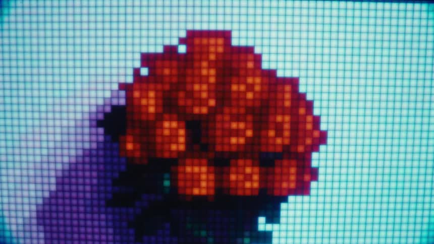 A pixelated digital display depicts a vase filled with spinning orange flowers against a blue background