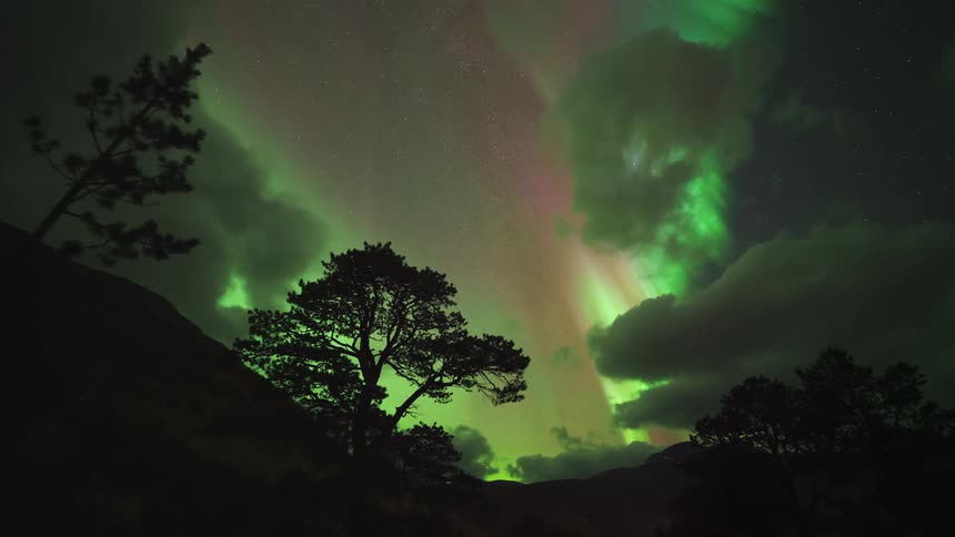 A timelapse captures vibrant green and pink northern lights swirling behind the dark silhouettes of trees and a mountain ridge under a cloudy night sky