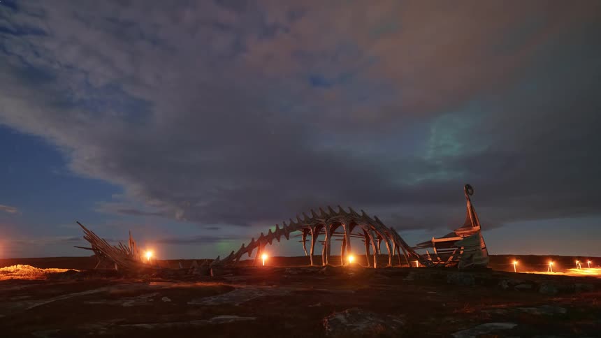 A geologists work site rests quietly in the desert at night its equipment and tools lit by a concentrated beam of artificial light just beyond the illuminated circle a dinosaur skeleton lies partially exposed on the sand