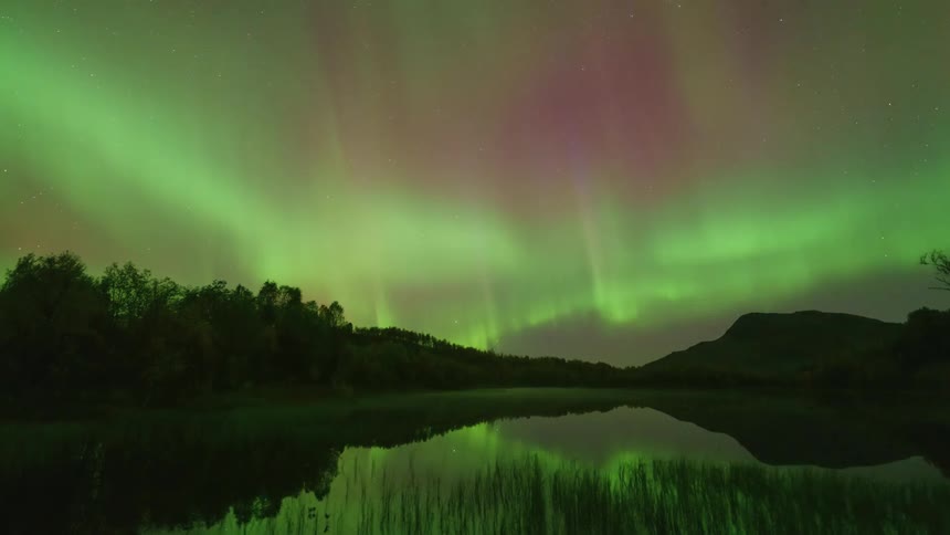 The sky is green from an aurora at night