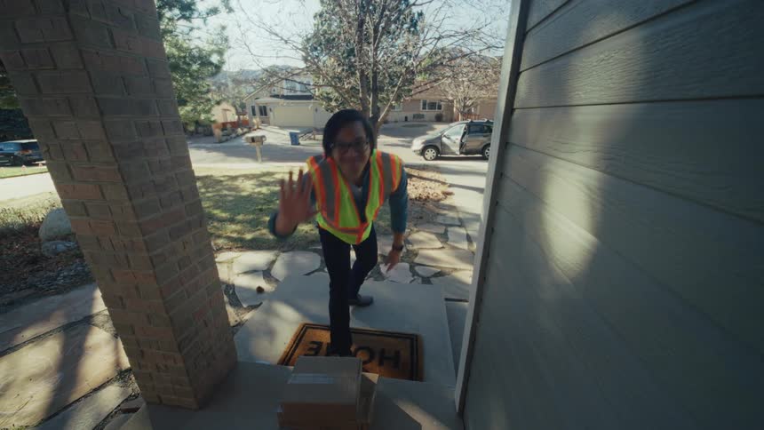 A delivery man wearing a safety vest walks up a stone path to a front porch places two boxes on a welcome mat waves directly at the doorbell camera and then turns around to walk back toward the street on a sunny day