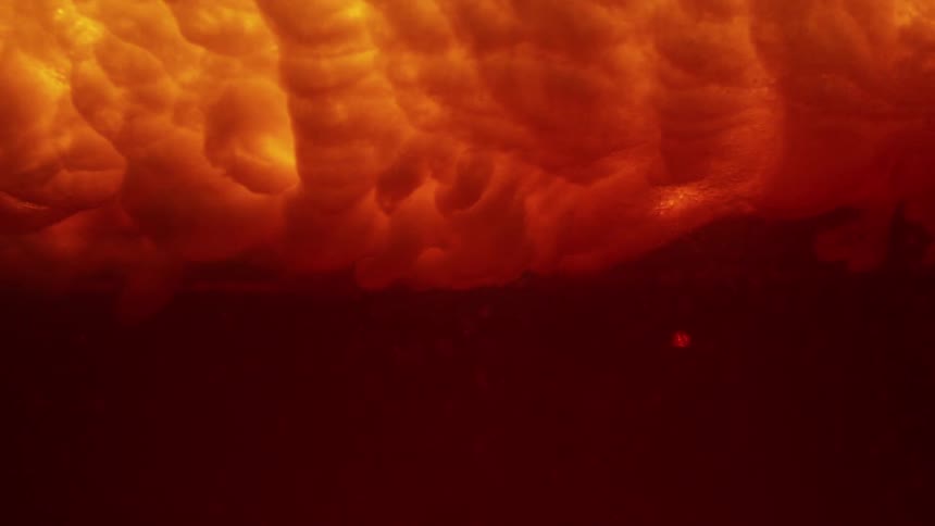 Red sunlight tints a crashing wave and the surrounding water red and orange