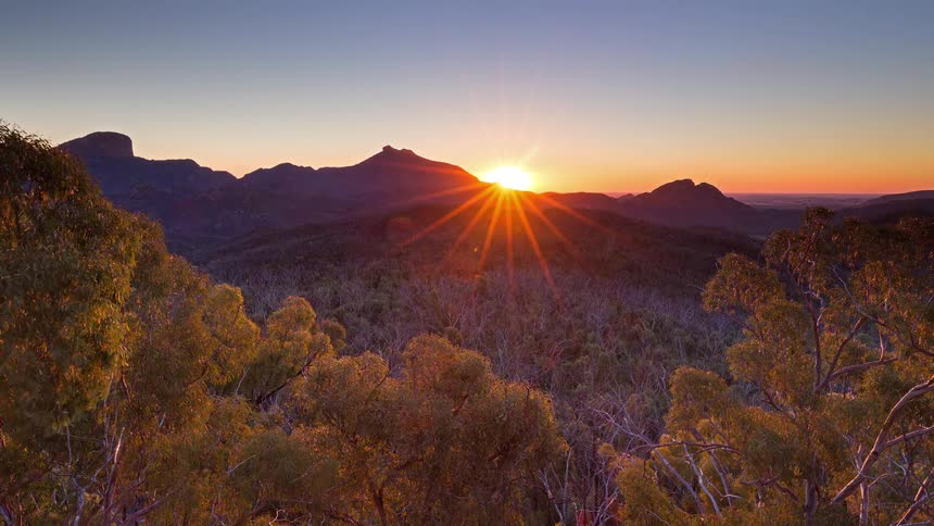Trees on forested mountains move in the wind as the setting sun shines over mountains in the distance