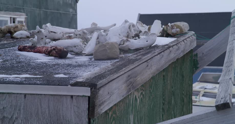 Large rocks and snow on the roof of a building overlooking a boat in the driveway