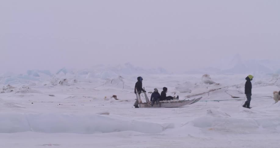 People guide a dog sled team across a snow covered arctic landscape