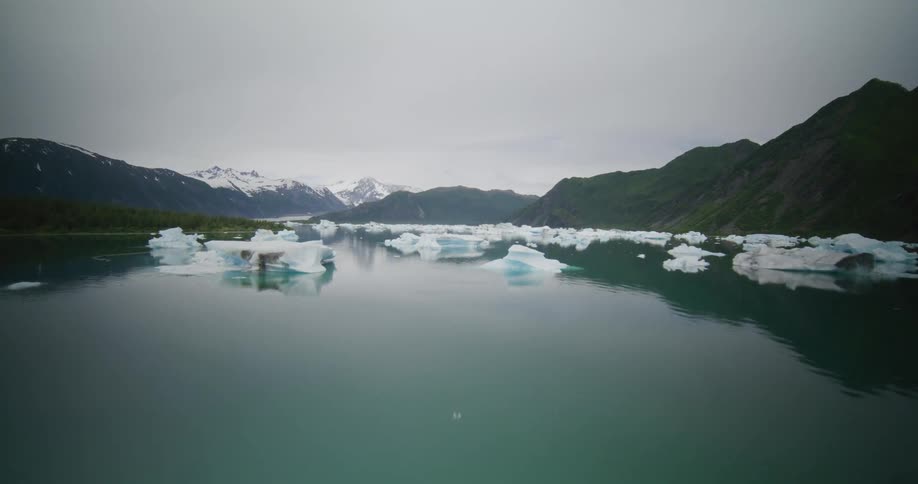 Glacial lake with floating ice blocks surrounded by snowcovered mountains