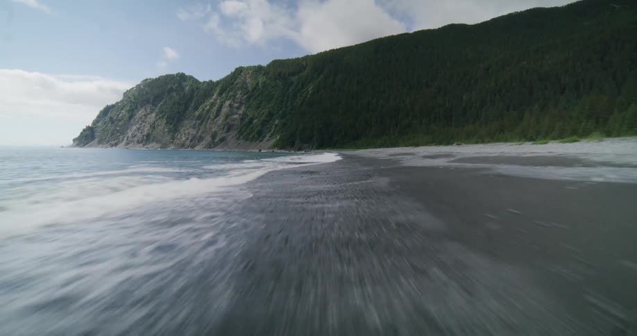 Aerial view of a black sand beach leading to a forested cliff under cloudy sky