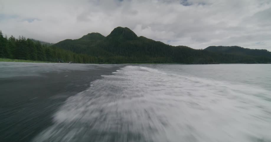 Tide on a beach with a forest to one side and a mountain range on the background outdoors during day time