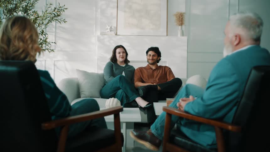 A smiling couple sits together on a sofa during a counseling session in a calm modern office