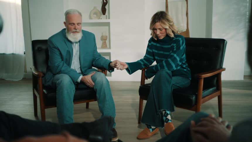People hold hands in therapy and pray