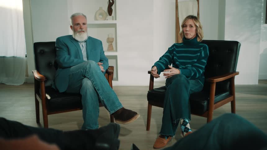 Couple seated in armchairs talking in an organized indoor setting