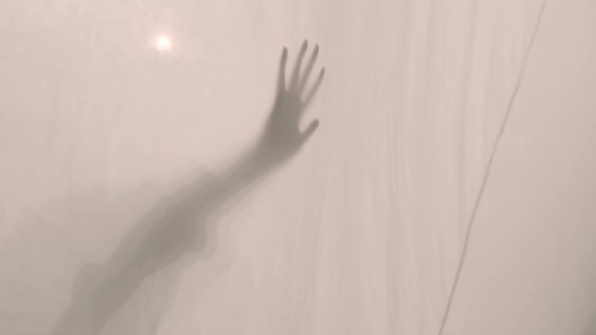 The haunting silhouette of a hand and arm reaches out and presses against a translucent white fabric their form slowly shifting behind the mysterious veil