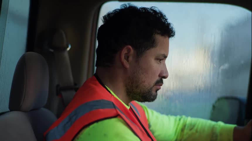 A close up profile shot shows a man with dark curly hair and a beard wearing a bright orange safety vest and a lime green shirt as he sits in the driver seat of a vehicle with a serious expression