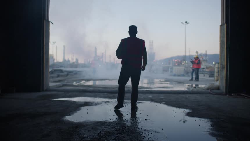 A worker in a safety vest walks through a dark warehouse toward an industrial refinery complex where smoke rises from stacks under a dim morning sky