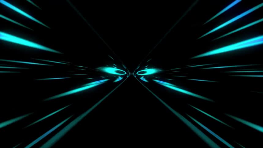 Bright blue light beams radiate from a central point and move toward the edges of the frame against a black background creating a symmetrical sense of highspeed motion