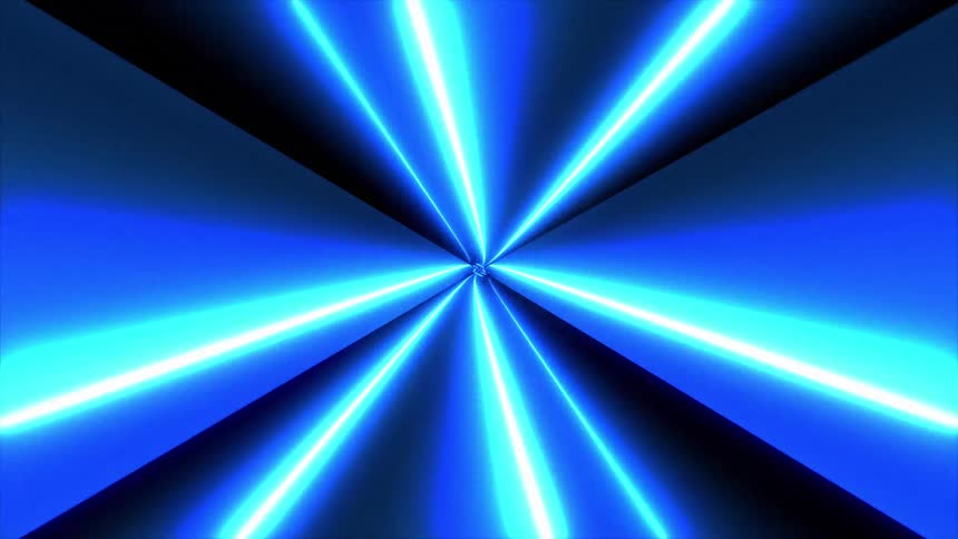 A view from the center shows bright blue lights radiating outward in a dark space