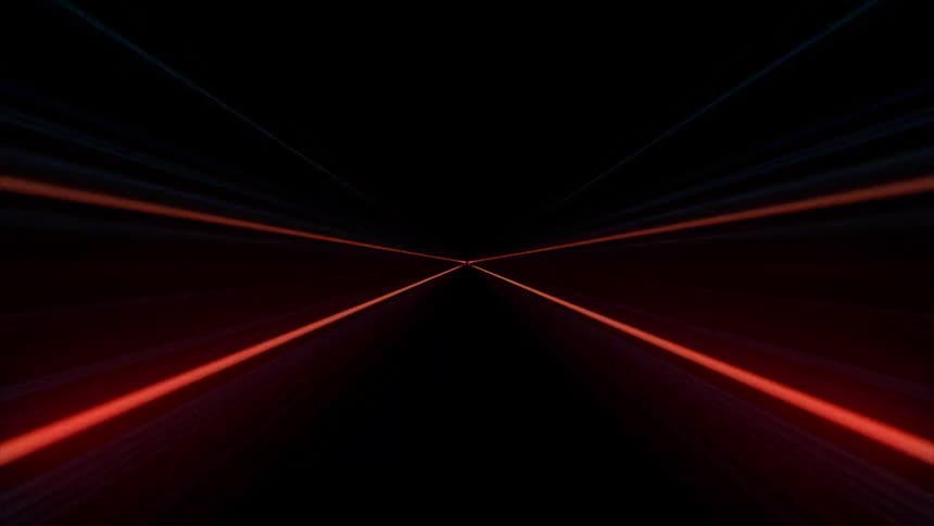 Blue and orange light streaks zoom toward a central point against a black background