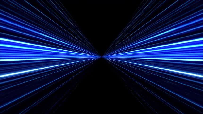Bright blue light beams and energy streaks move rapidly toward the viewer from a central vanishing point creating a symmetrical speedtunnel effect against a dark empty background