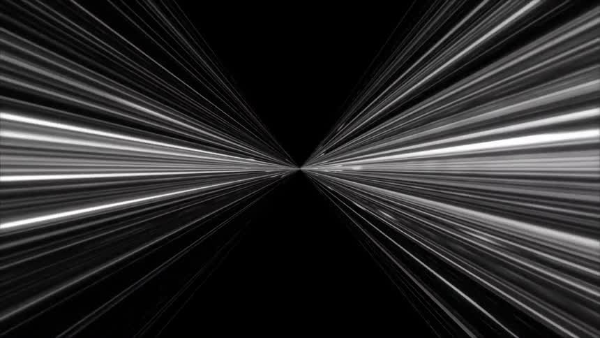 Black and white light streaks converge toward a central point against a dark background