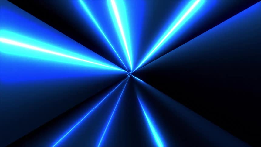 A view from the center shows bright blue lights radiating outward in a dark space