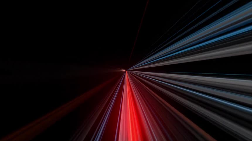 Light beams converge toward a central point against a dark background