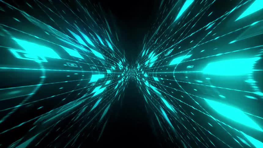 A highspeed journey unfolds through an endless digital tunnel constructed of glowing cyan grids and rapidly flashing data points against a vast dark background