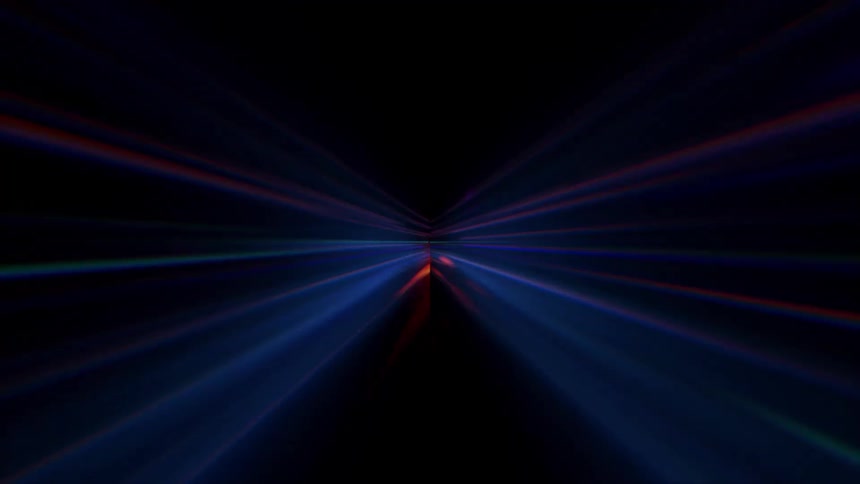 Colorful light streaks converge toward a central point against a dark background
