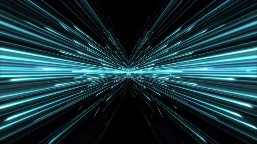 Lines of glowing blue light move like walls in a dark tunnel
