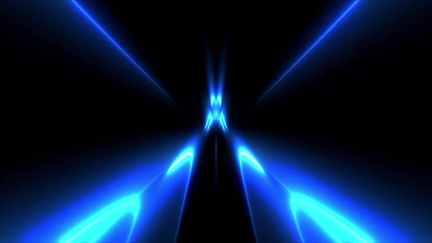 A mesmerizing journey unfolds through a kaleidoscopic tunnel of brilliant blue neon lines that pulse and morph into hypnotic symmetrical patterns against a black void