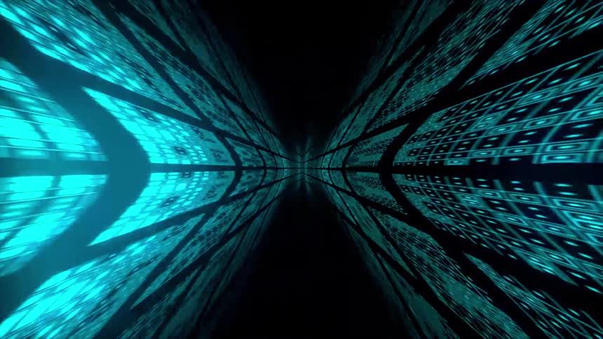 Abstract tunnel formed by luminous digital patterns converging toward the center