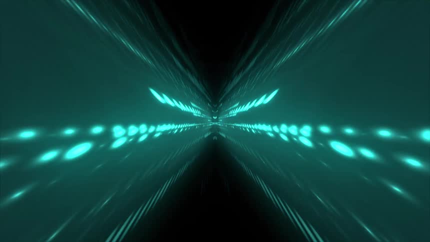 The viewer rushes forward through an abstract data tunnel where walls of streaking lights and glowing dots rapidly flash and shift through a vibrant spectrum of colors