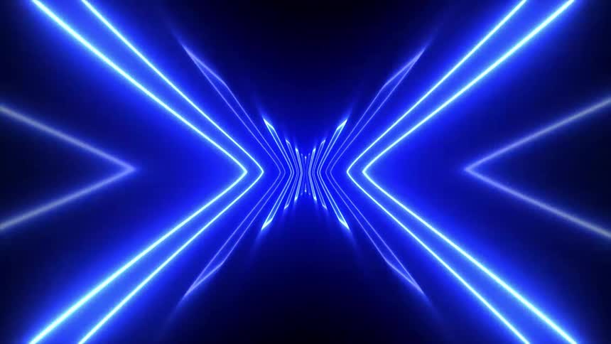 The viewer is propelled forward through a pulsating symmetrical tunnel constructed of glowing blue neon lines that form arrowlike shapes against a solid black background