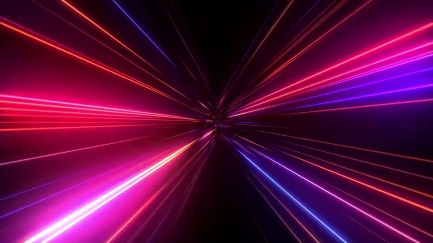 Colorful light beams converging toward a central point against a dark background