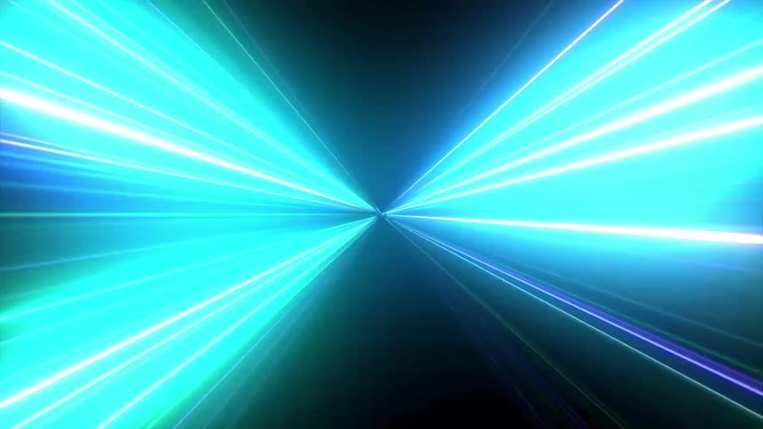 Vibrant neon laser beams in blue green and purple streaks move rapidly toward the camera from a central vanishing point against a pitchblack background creating a highspeed tunnel effect through a futuristic dimension